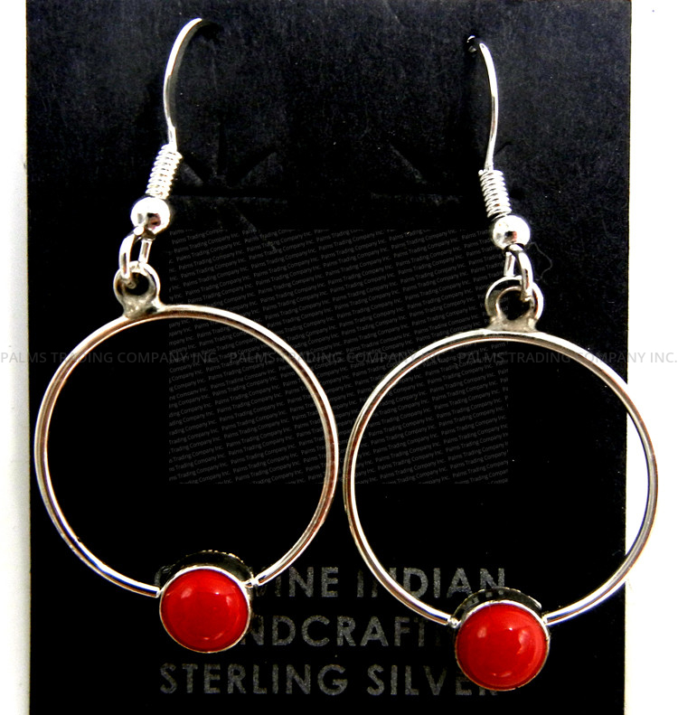 Navajo small coral and sterling silver circle dangle earrings