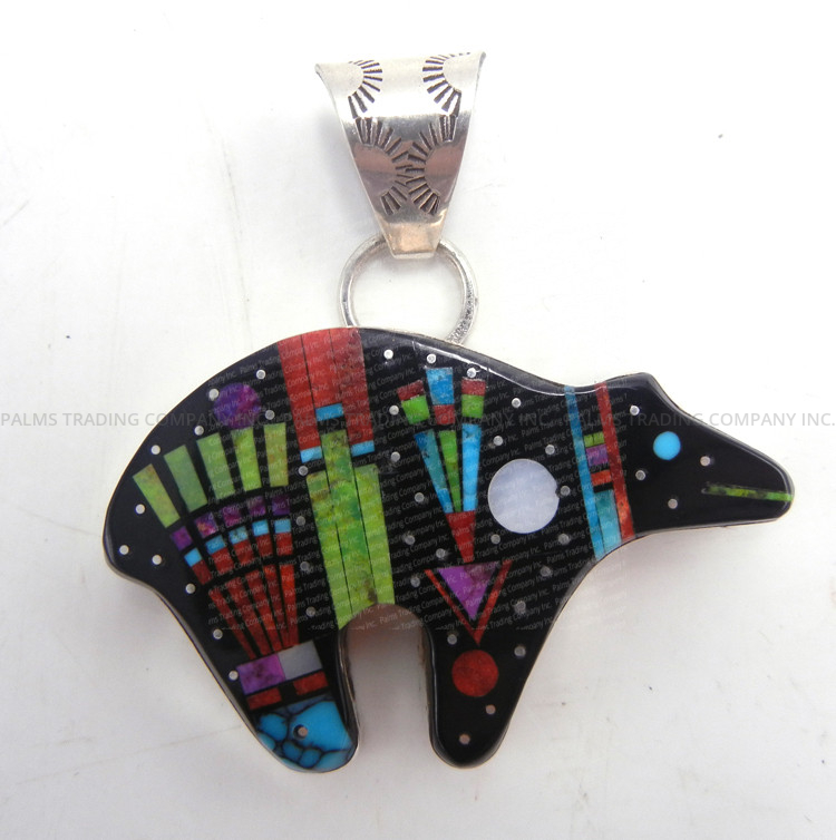 Navajo multi-stone inlay and multi-pattern bear fetish pendant with sterling silver by Sylvana Apache