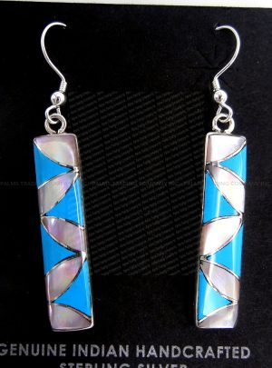 Zuni turquoise, pink mussel shell, and sterling silver inlay dangle earrings by Orlinda Natewa