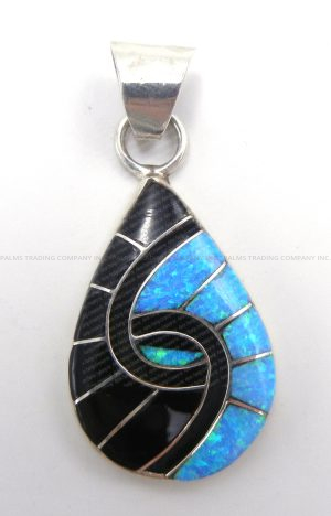 Zuni jet, blue lab opal and sterling silver inlay hummingbird pattern pendant by Amy Quandelacy