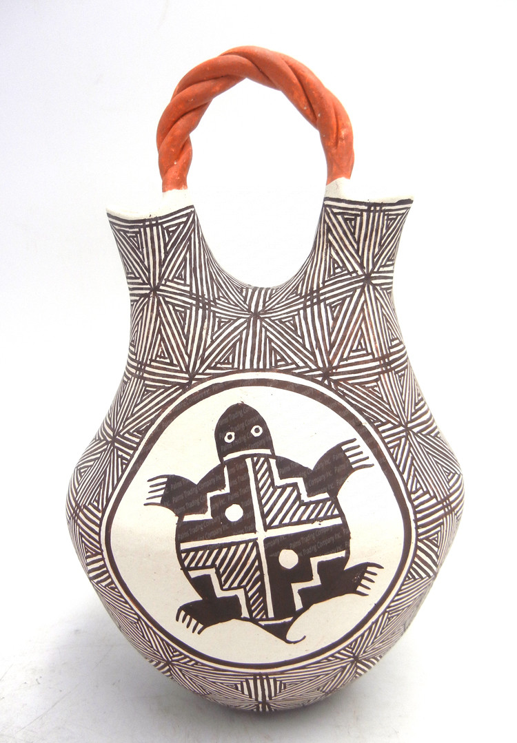 Acoma handmade and hand painted multi-design wedding vase with twisted handle by Regina Leno Shutiva