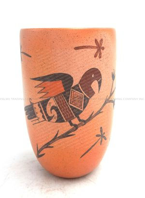 Hopi handmade and hand painted parrot and dragonfly design cylinder by Gwen Setalla