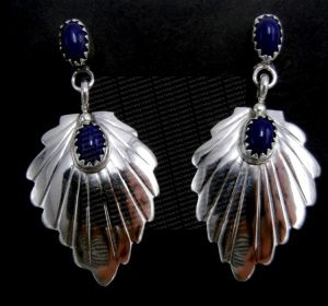 Navajo lapis and sterling silver leaf dangle earrings