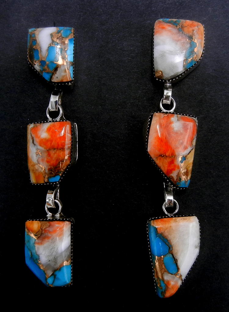 Navajo triple stone compressed turquoise and orange spiny oyster shell earrings with sterling silver by Gregg Yazzie