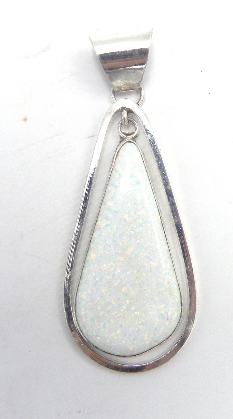 Navajo large white lab opal and sterling silver pendant