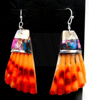 Santo Domingo multi-stone inlay, sterling silver and shell dangle earrings by Veronica Tortalito