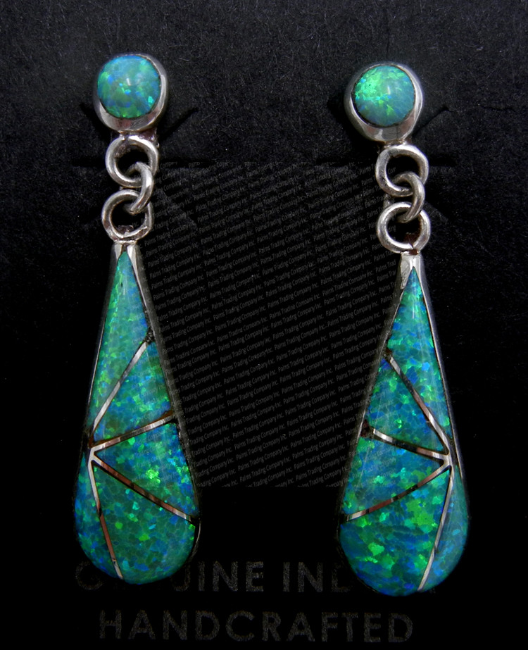 Zuni green lab opal and sterling silver inlay dangle earrings