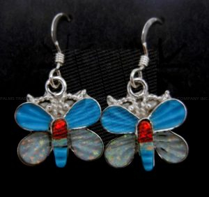 Zuni turquoise, lab opal and sterling silver inlay small butterfly dangle earrings