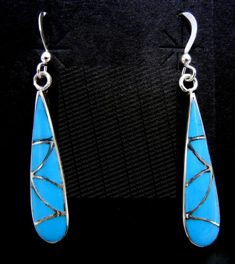 Zuni turquoise and sterling silver inlay dangle earrings by Orlinda Natewa