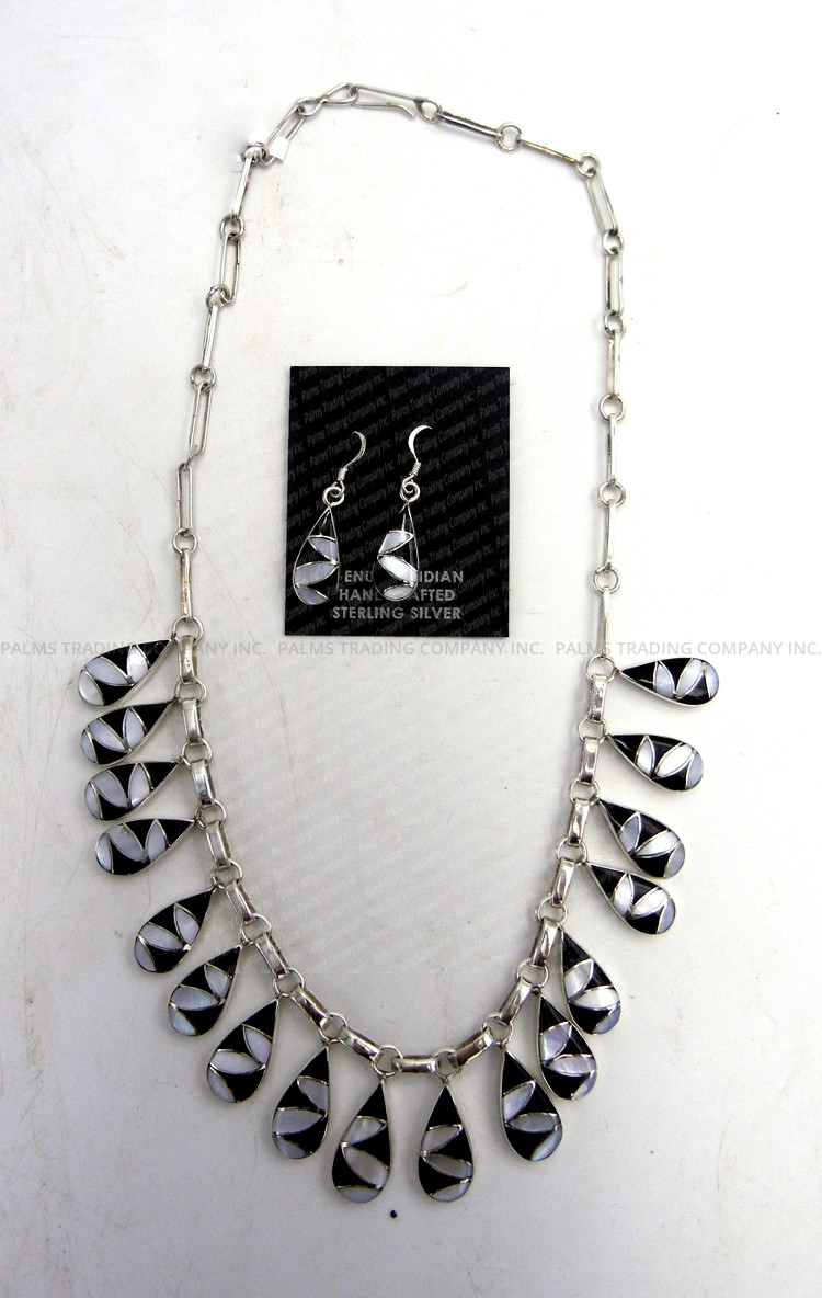 Zuni jet, white mother of pearl and sterling silver inlay necklace and earring set by Orlinda Natewa