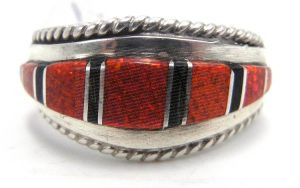 Zuni red lab opal, jet and sterling silver channel inlay ring