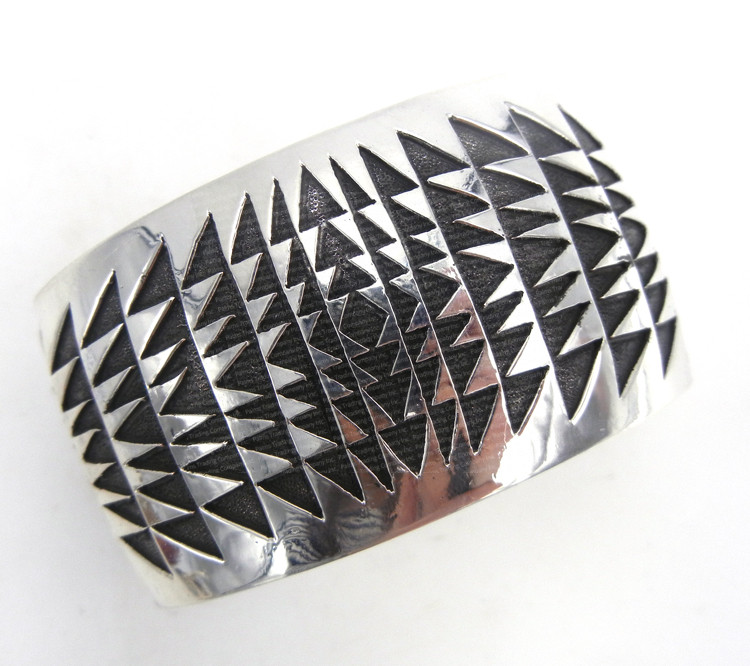 Navajo wide band sterling silver overlay triangle pattern cuff bracelet