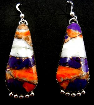 Navajo compressed purple and orange spiny oyster shell and sterling silver dangle earrings