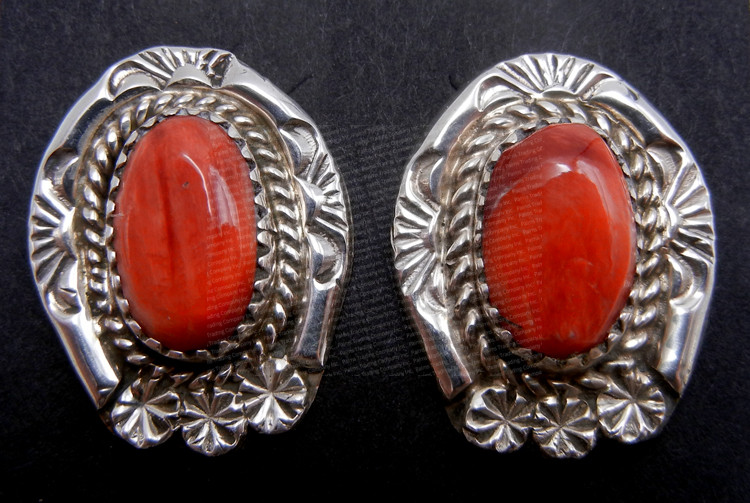 Navajo red spiny oyster shell and sterling silver post earrings