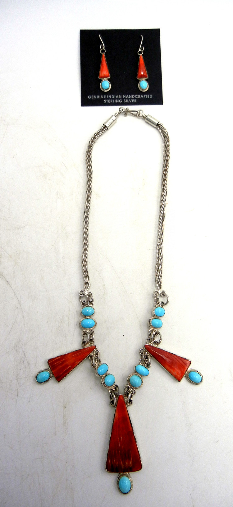 Navajo contemporary turquoise, red spiny oyster shell and sterling silver necklace and earring set