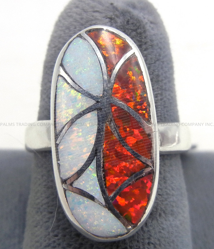 Zuni red and white lab opal and sterling silver inlay ring by Orlinda Natewa