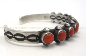 Navajo Mediterranean Coral and Sterling Silver Row Cuff Bracelet