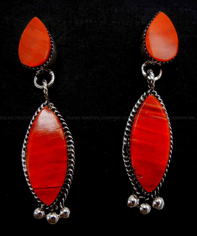 Navajo red spiny oyster shell and sterling silver dangle earrings by Selina Warner
