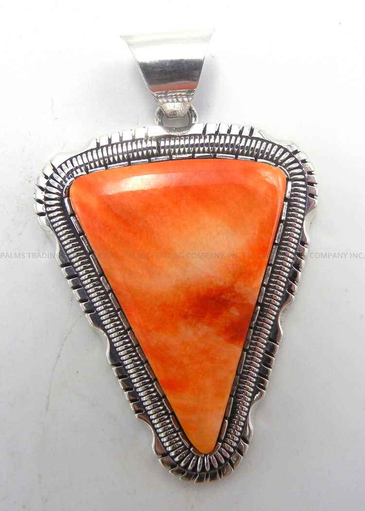 Navajo large orange spiny oyster shell and sterling silver triangle pendant