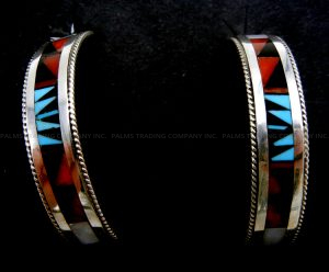 Zuni multi-stone inlay and sterling silver half hoop earrings