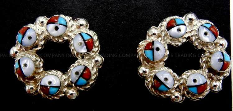 Zuni multi-stone inlay and sterling silver sunface circle earrings