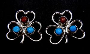 Zuni small sterling silver and turquoise and coral petit point three leaf clover earrings
