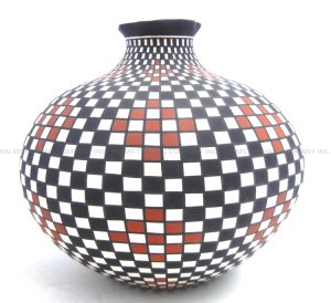 Acoma handmade and hand painted polychrome eyedazzler design jar with scalloped rim