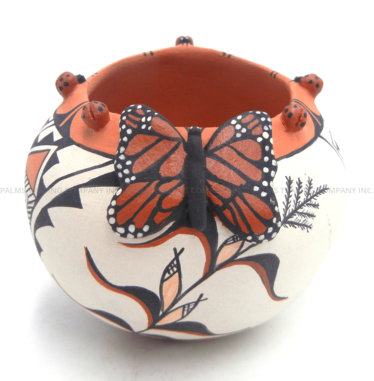 Jemez small handmade and hand painted ladybug and butterfly bowl by Carol Lucero Gachupin