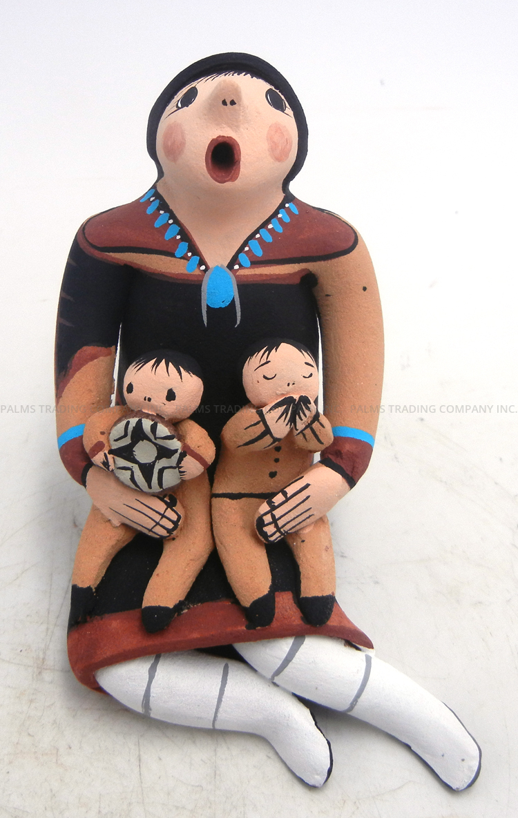 Jemez seated female storyteller figurine with two boys by Joyce Lucero