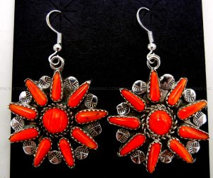 Navajo orange spiny oyster shell and sterling silver starburst dangle earrings by Karlex Becenti