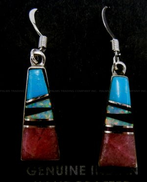 Navajo multi-stone inlay and sterling silver small triangular dangle earrings