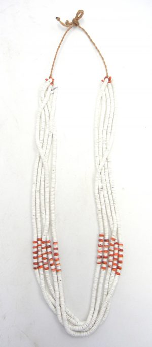 Santo Domingo white clam shell and red spiny oyster shell heishi five strand necklace by Jeanette Calabaza