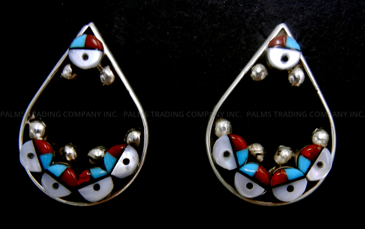 Zuni tear drop shaped multi-stone inlay multi-sunface earrings