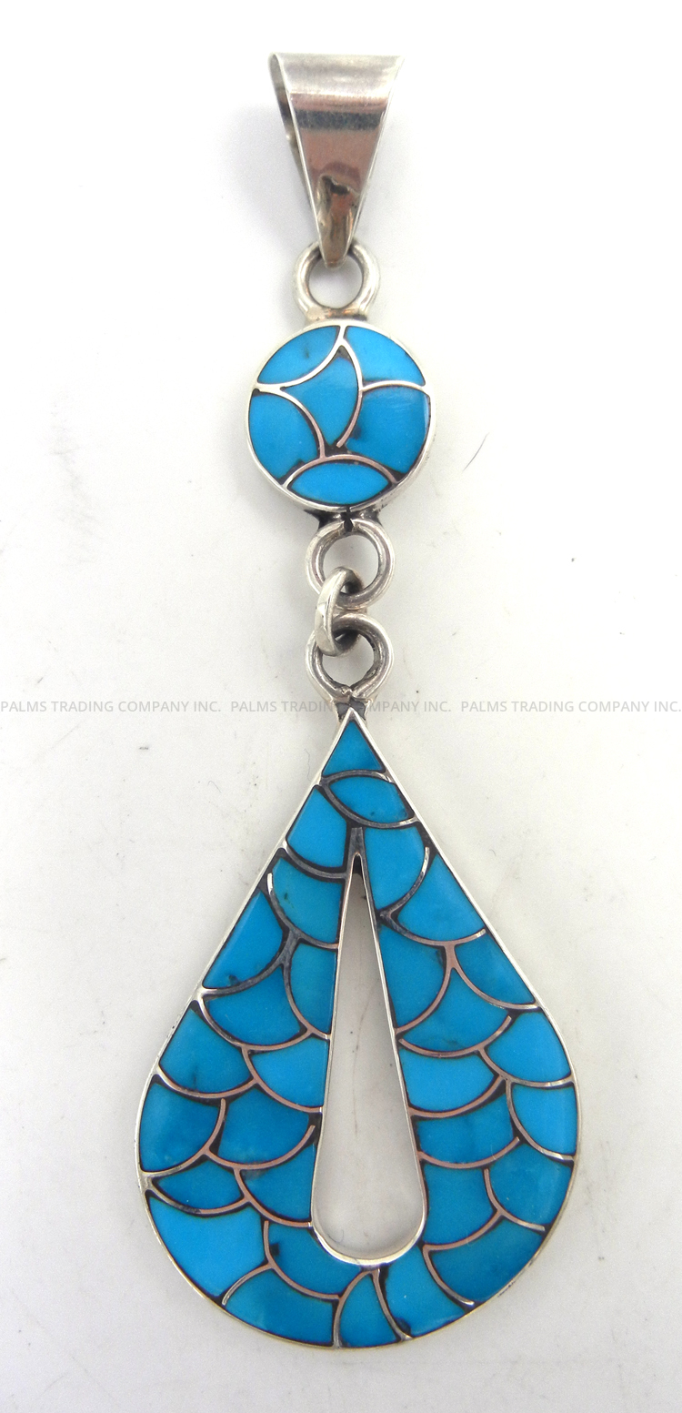 Zuni large turquoise and sterling silver tear drop and circle pendant by Lanelle Johnson