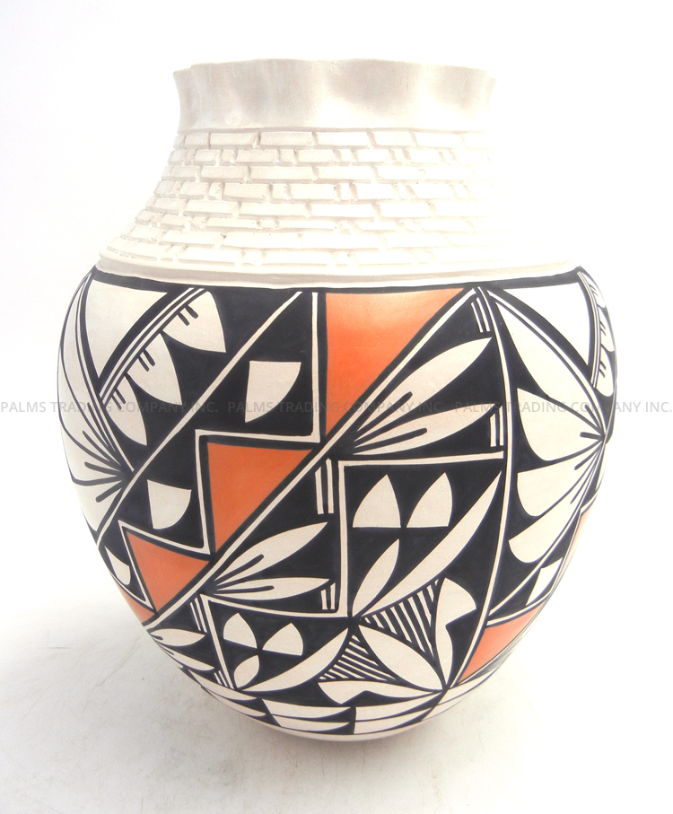 Acoma handmade and hand painted polychrome large jar with adobe upper and scalloped rim by Earlene Antonio