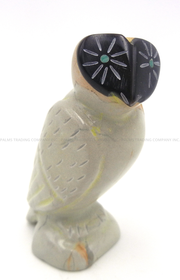 Zuni Picasso marble and black jet carved stone owl fetish by Enrike Leekya