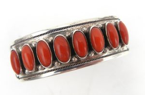 Navajo coral and sterling silver row cuff bracelet