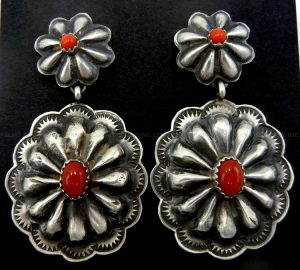 Navajo brushed sterling silver and coral concho style dangle earrings by Rita Lee