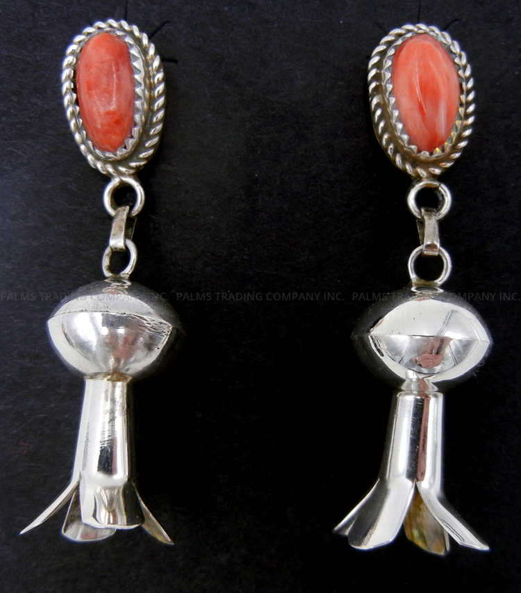 Navajo red spiny oyster shell and sterling silver squash blossom dangle earrings by Karlex Becenti