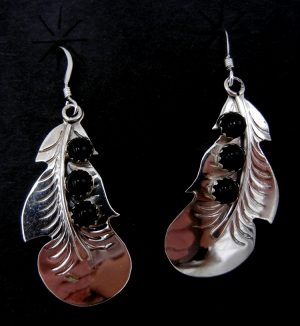 Navajo sterling silver and onyx feather dangle earrings