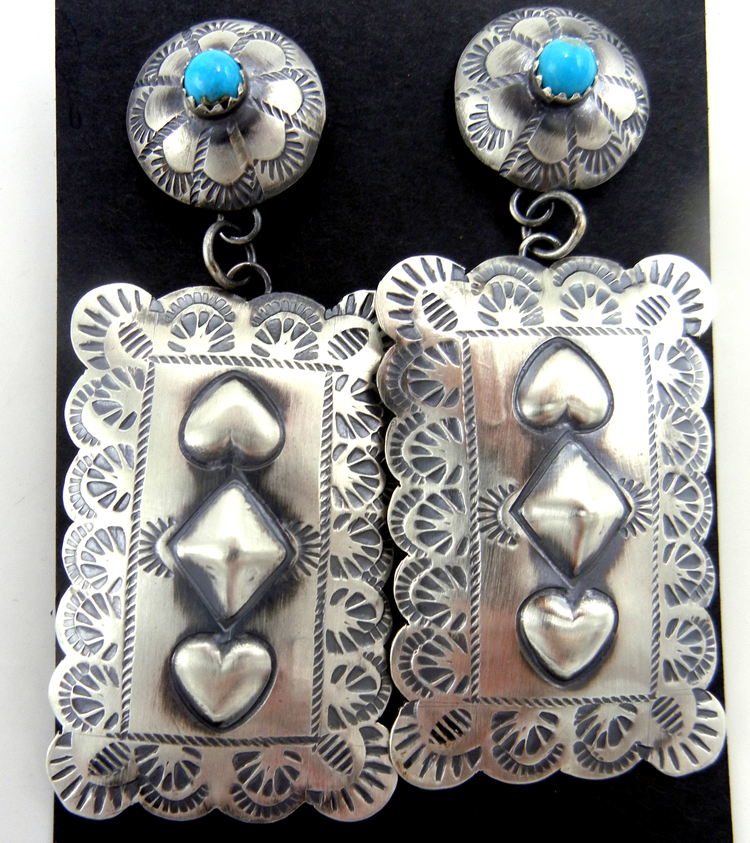 Navajo hand stamped and repoussed brushed sterling silver and turquoise dangle earrings by Gabrielle Yazzie