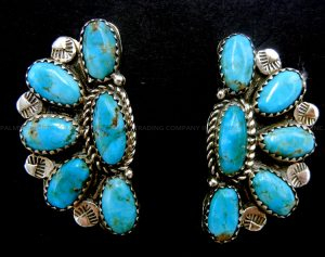 Navajo turquoise and sterling silver half fan earrings by Karlex Becenti