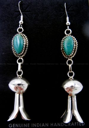 Navajo turquoise and sterling silver squash blossom dangle earrings by Karlex Becenti