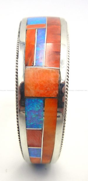 Zuni Rickel and Glendora Booqua Orange Spiny Oyster Shell, Blue Lab Opal and Sterling Silver Inlay Cuff Bracelet