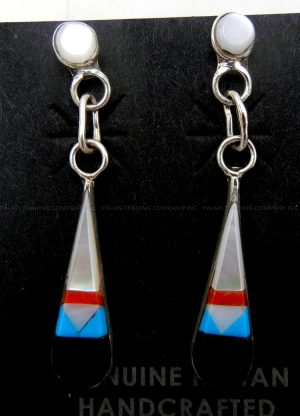 Zuni multi-stone inlay and sterling silver tear drop dangle earrings