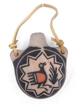Santo Domingo handmade and hand painted small canteen with bird design by Arthur and Hilda Coriz