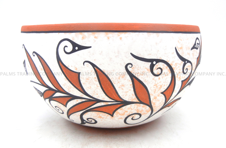 Zuni handmade and hand painted polychrome bowl with bird and flower design by Deldrick and Lorenda Cellicion