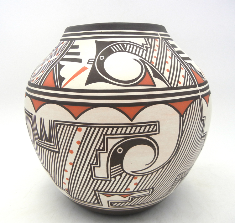 Zuni large handmade and hand painted bird and weather pattern jar by Carlos Laate