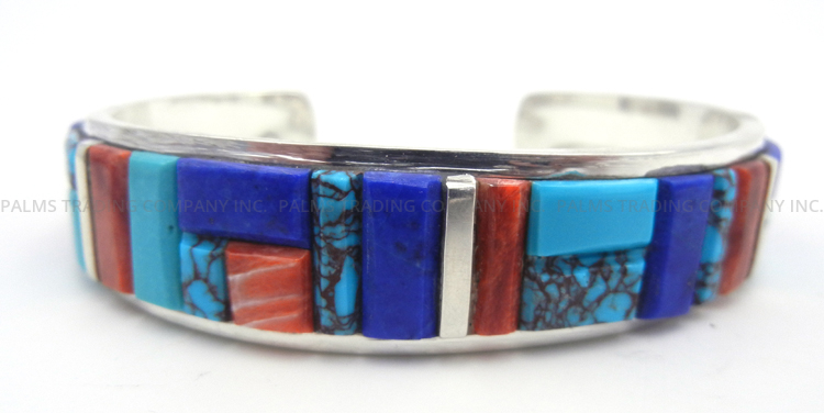 Navajo multi-stone inlay and sterling silver cornrow inlay cuff bracelet by Edison Yazzie