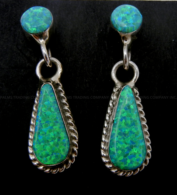Navajo small green lab opal and sterling silver dangle earrings